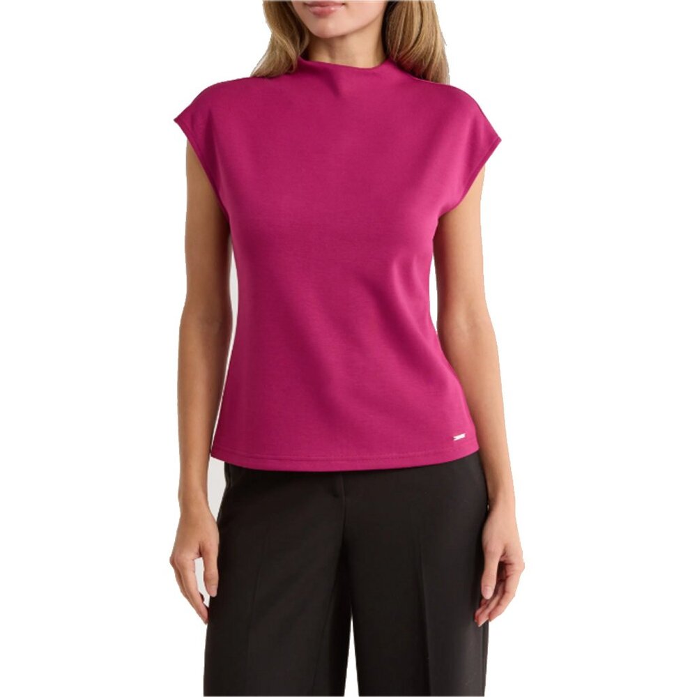 Calvin Klein Mock Neck Cap Sleeve Knit Top Layering Shirt Mulberry Size PL NWT